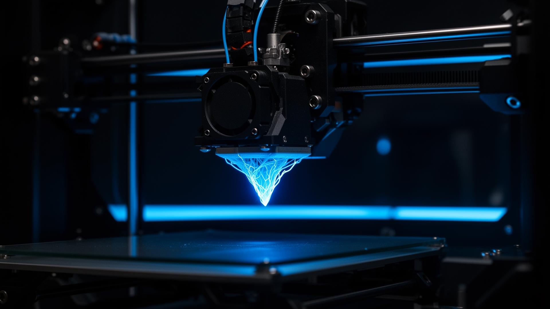 Black 3D printer extruding glowing blue filament